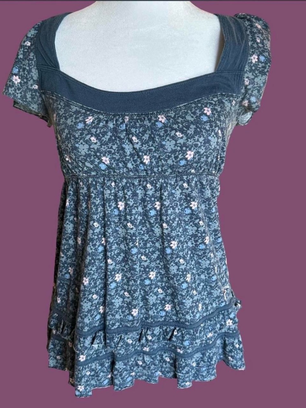 Vintage Hollister blue floral babydoll top with ruffles